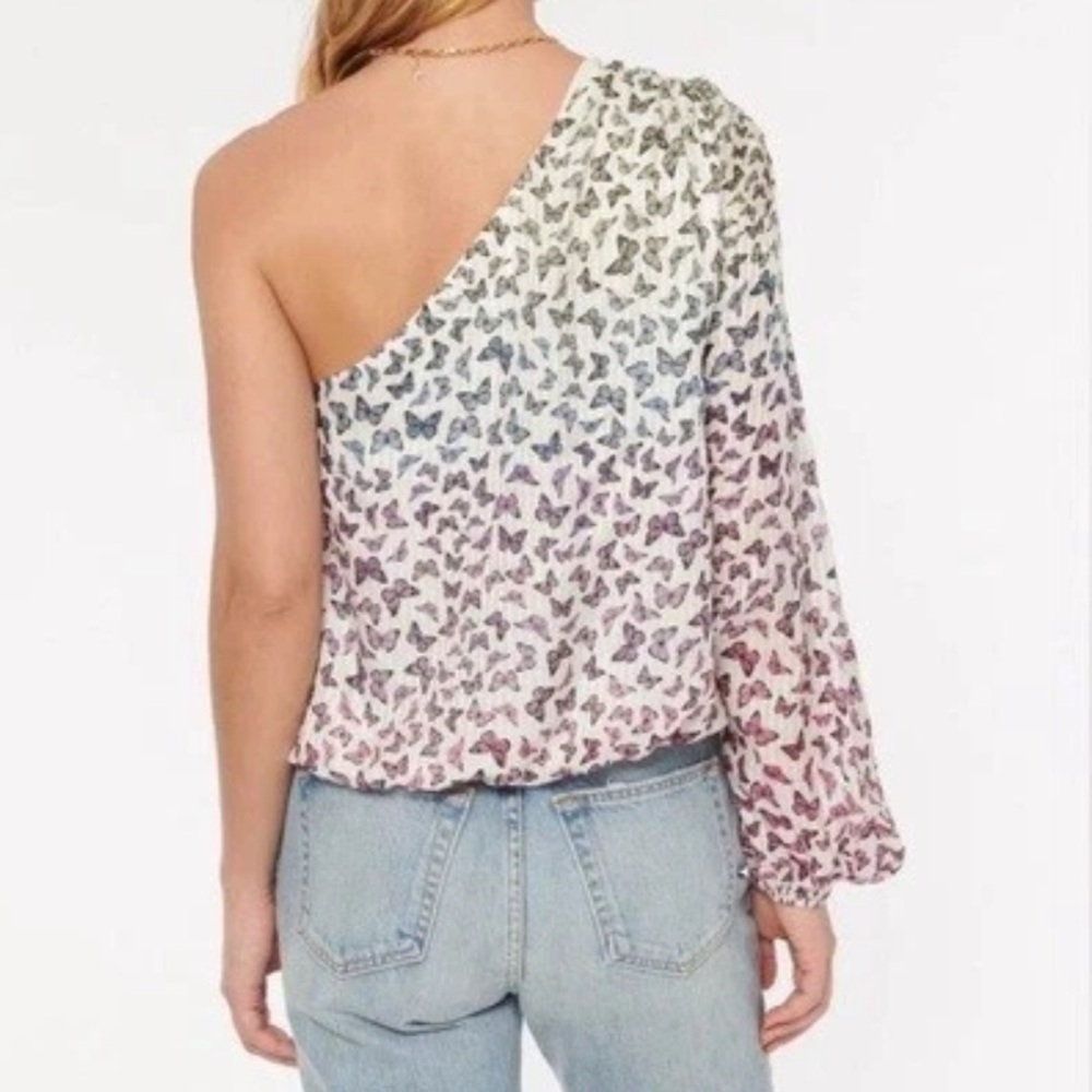 CAMI NYC Lenore Ombré Rainbow Butterfly One-Shoulder Blouson Top Lined Sz Medium - Picture 3 of 13